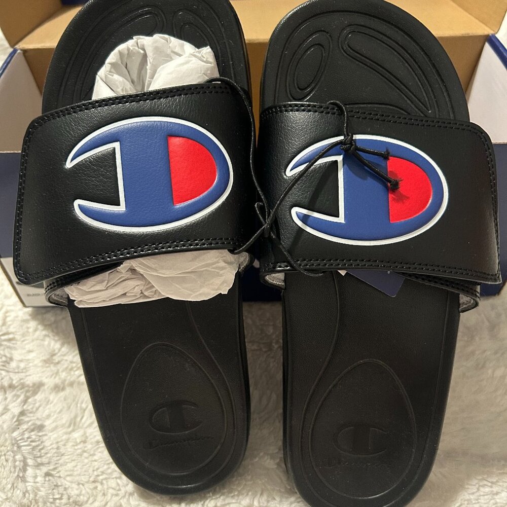 Champion Black Slides with Blue and Red Emblem
